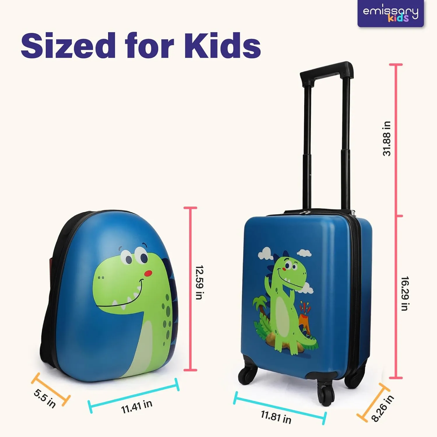 emissary Dinosaur Kid's Luggage Set for Boys, 18" Hardside Kids Suitcase with Spinner Wheels, Toddler Carry on Luggage Travel Rolling Suitcase Airline Approved