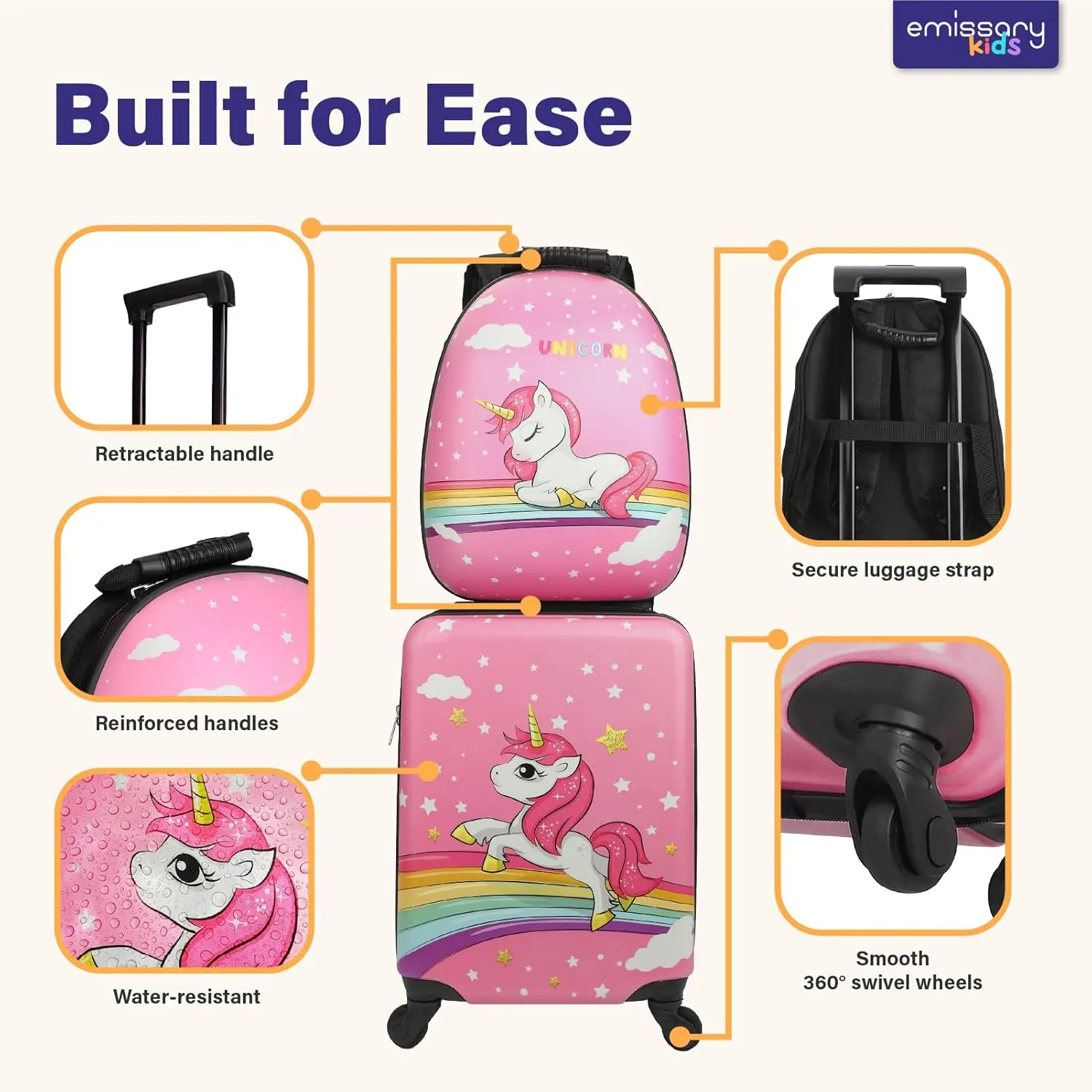 emissary Unicorn Kid’s Luggage Set for girls, 16" Hardside Kids Luggage with Spinner Wheels, Carry on Toddler Suitcase Travel Rolling Luggage Airline Approved