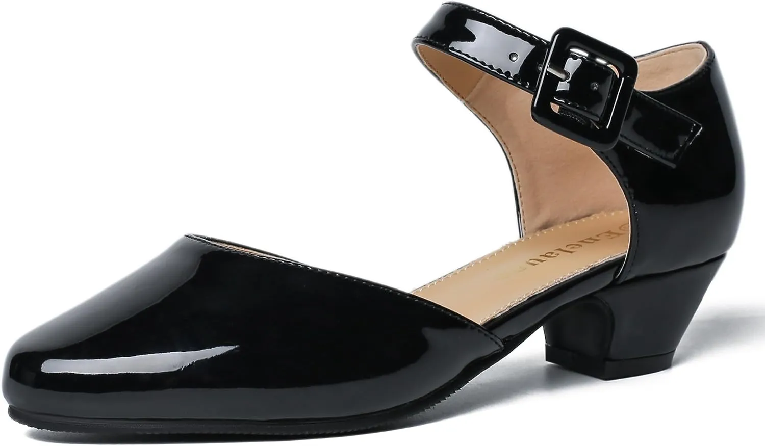 Enelauge Women's Closed Toe Low Block Heels Ankle Buckle Strap D'Orsay Pumps Comfortable Chunky Heel Dress Work Church Shoes