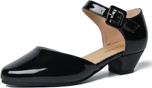 Enelauge Women's Closed Toe Low Block Heels Ankle Buckle Strap D'Orsay Pumps Comfortable Chunky Heel Dress Work Church Shoes