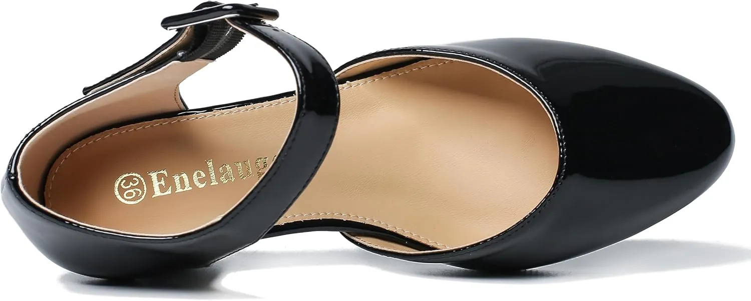 Enelauge Women's Closed Toe Low Block Heels Ankle Buckle Strap D'Orsay Pumps Comfortable Chunky Heel Dress Work Church Shoes
