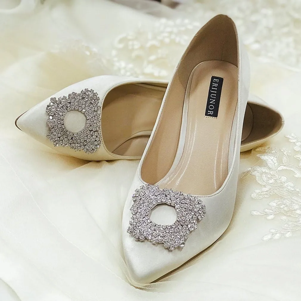 ERIJUNOR Women's Pumps Low Heel Rhinestone Brooch Satin Evening Dress Wedding Shoes
