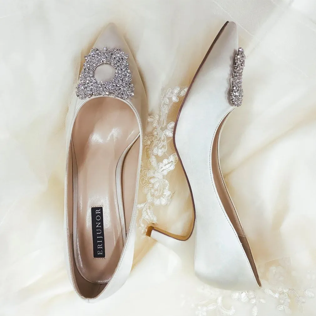 ERIJUNOR Women's Pumps Low Heel Rhinestone Brooch Satin Evening Dress Wedding Shoes