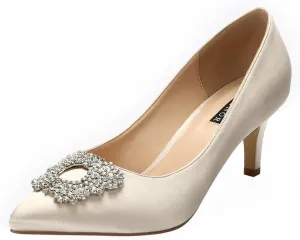 ERIJUNOR Women's Pumps Low Heel Rhinestone Brooch Satin Evening Dress Wedding Shoes