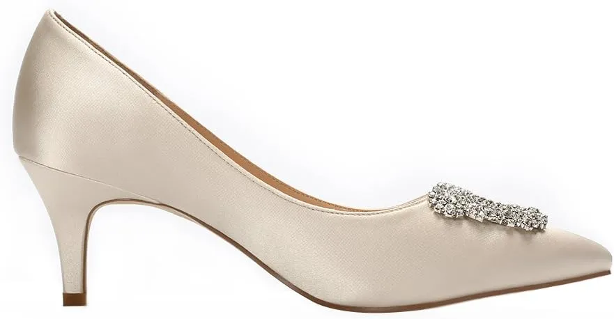 ERIJUNOR Women's Pumps Low Heel Rhinestone Brooch Satin Evening Dress Wedding Shoes