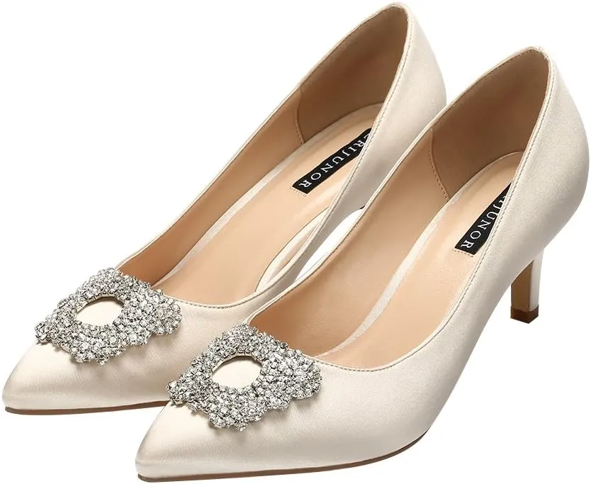 ERIJUNOR Women's Pumps Low Heel Rhinestone Brooch Satin Evening Dress Wedding Shoes