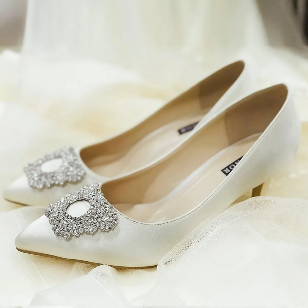 ERIJUNOR Women's Pumps Low Heel Rhinestone Brooch Satin Evening Dress Wedding Shoes