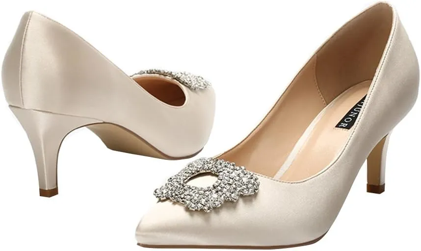 ERIJUNOR Women's Pumps Low Heel Rhinestone Brooch Satin Evening Dress Wedding Shoes