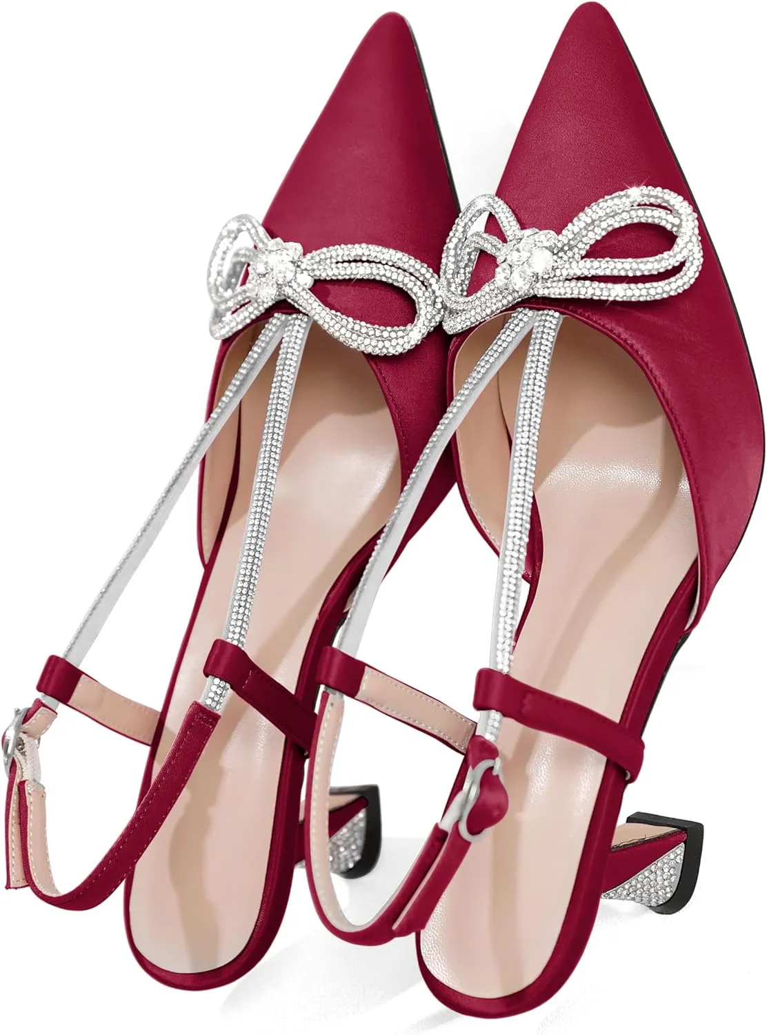 Esvowido Women's Rhinestone Bow Heels Pointed Toe Kitten Low Heel Pumps Satin Shoes Adjustable Ankle Strap Slingback Heeled Wedding Bridal Evening Dress Shoes
