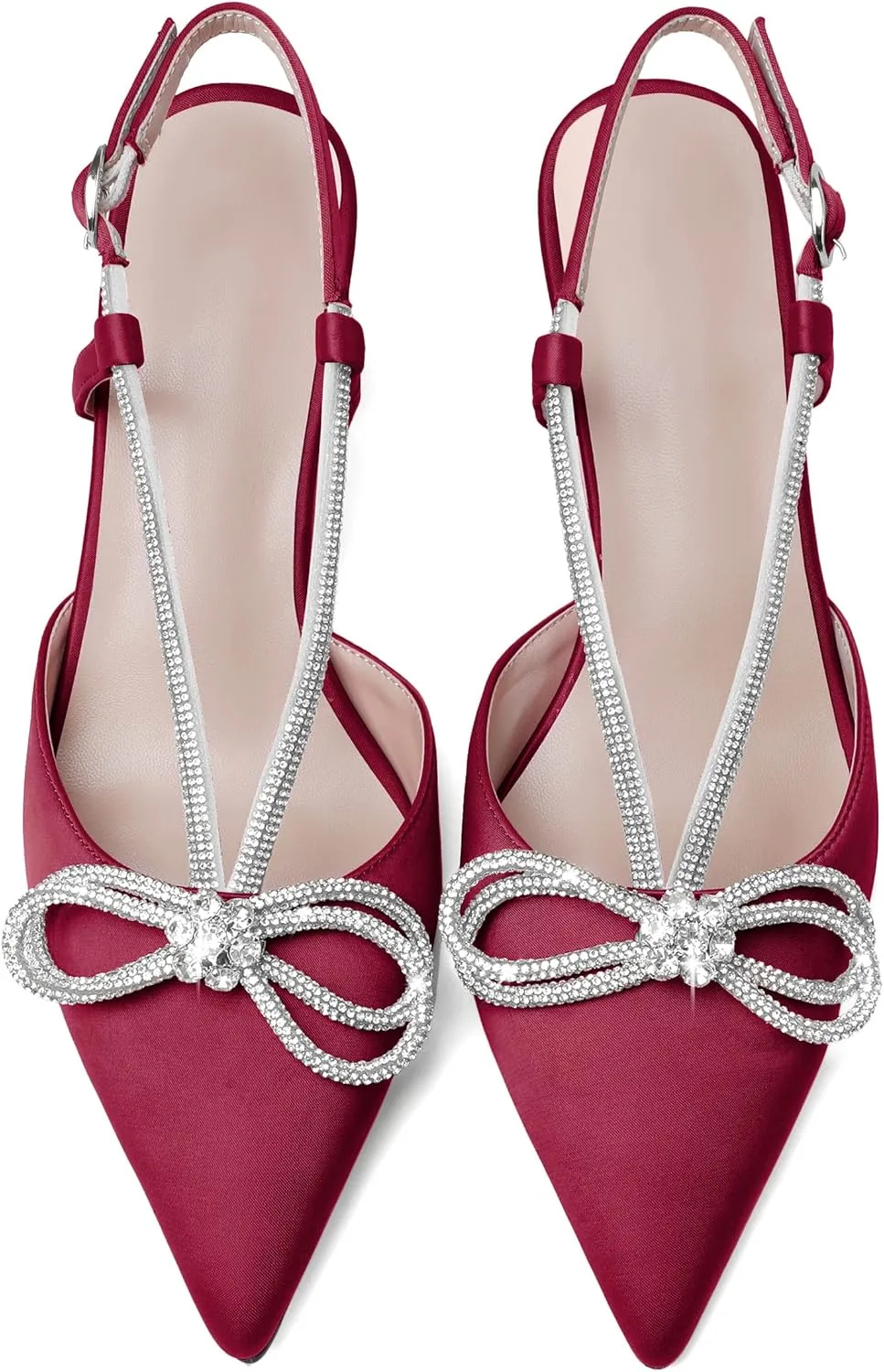 Esvowido Women's Rhinestone Bow Heels Pointed Toe Kitten Low Heel Pumps Satin Shoes Adjustable Ankle Strap Slingback Heeled Wedding Bridal Evening Dress Shoes