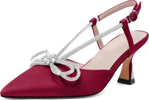 Esvowido Women's Rhinestone Bow Heels Pointed Toe Kitten Low Heel Pumps Satin Shoes Adjustable Ankle Strap Slingback Heeled Wedding Bridal Evening Dress Shoes