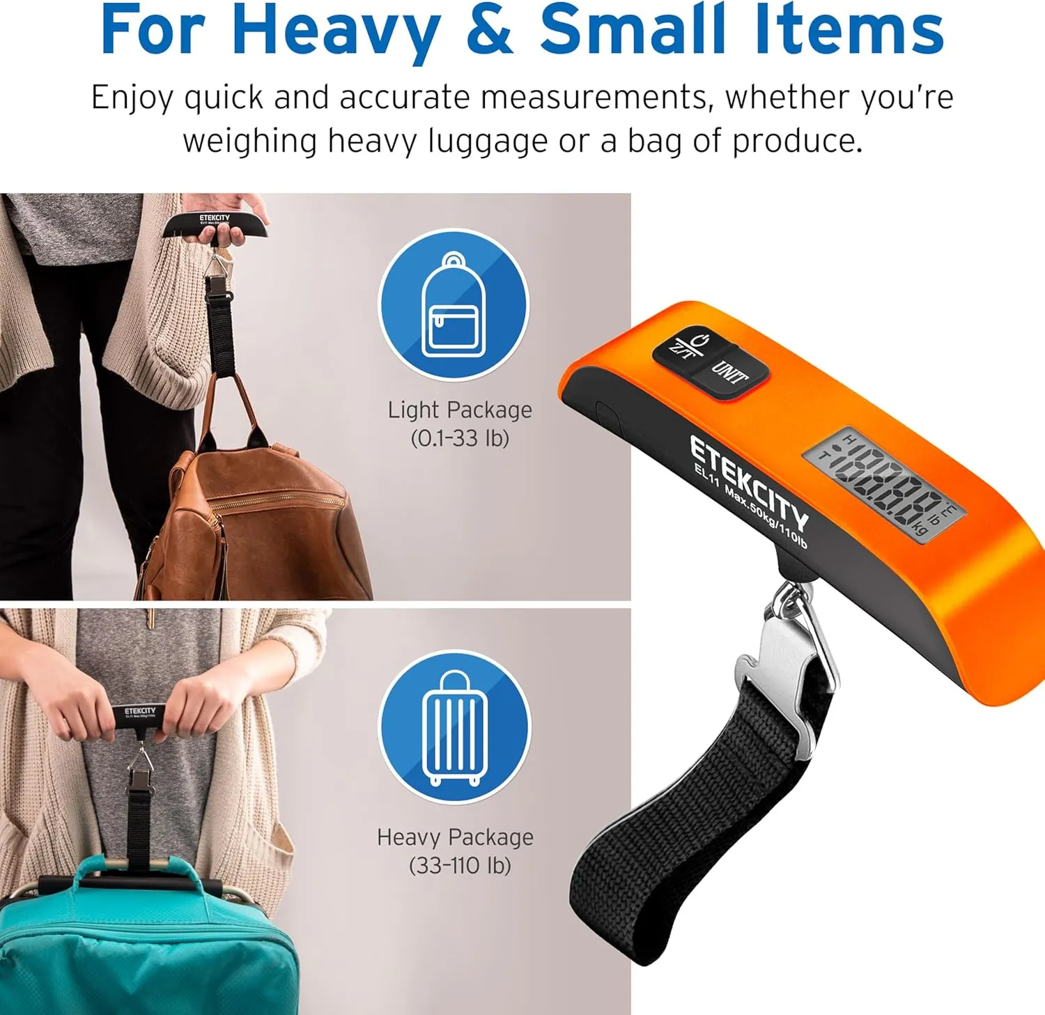 Etekcity Luggage Scale for Travel Essentials, Digital Suitcase Weight Scale with Hook, Travel Accessories for Portable Hanging Baggage, 110 Pounds, Battery Included