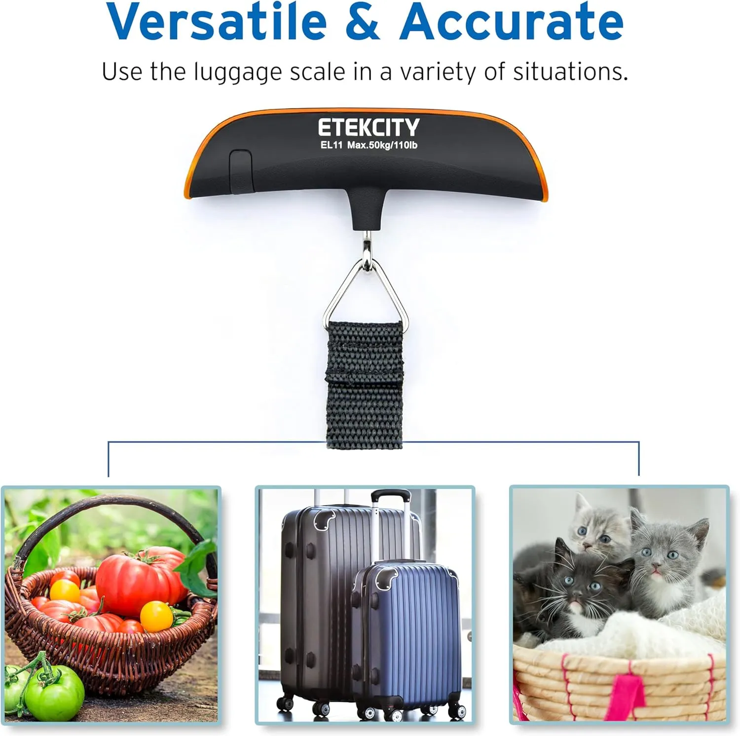 Etekcity Luggage Scale for Travel Essentials, Digital Suitcase Weight Scale with Hook, Travel Accessories for Portable Hanging Baggage, 110 Pounds, Battery Included