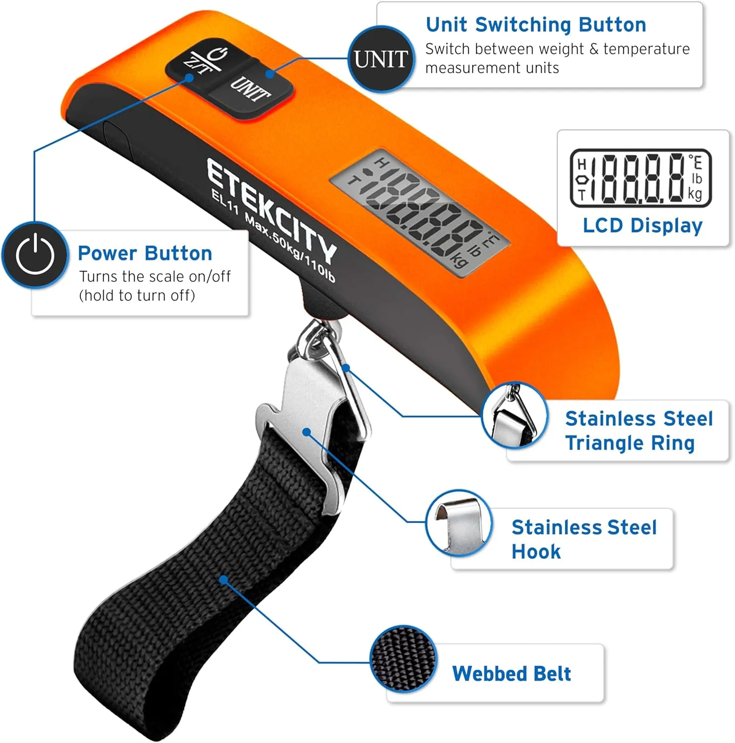 Etekcity Luggage Scale for Travel Essentials, Digital Suitcase Weight Scale with Hook, Travel Accessories for Portable Hanging Baggage, 110 Pounds, Battery Included
