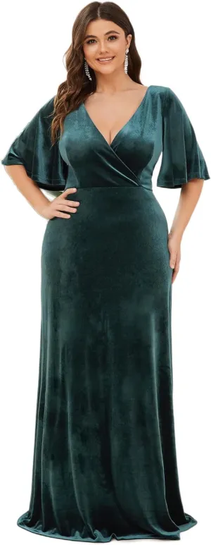 Ever-Pretty Women's Retro V-Neck Ruffles Sleeves A-line Velvet Maxi Winter Plus Size Formal Dress 00861-DA
