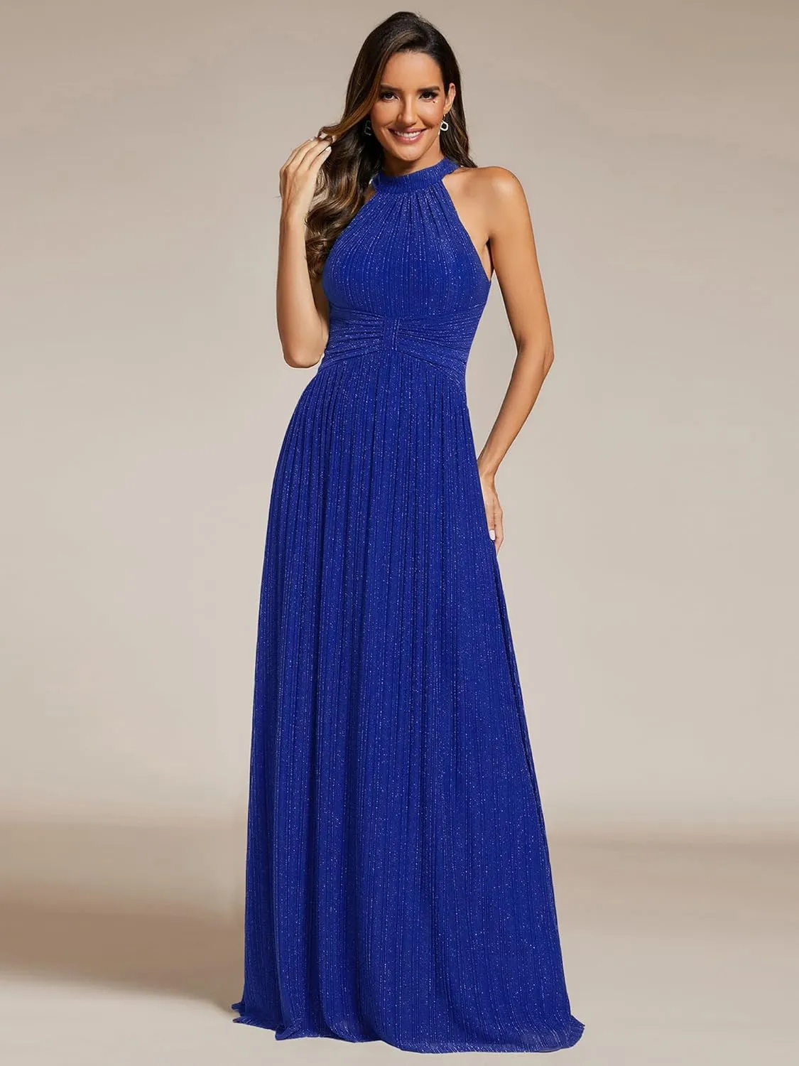 Ever-Pretty Women's Summer Halter Sleeveless Pletaed Floor Length Glitter Formal Evening Dresses 41961