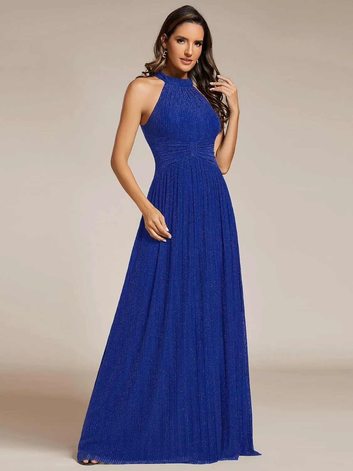 Ever-Pretty Women's Summer Halter Sleeveless Pletaed Floor Length Glitter Formal Evening Dresses 41961