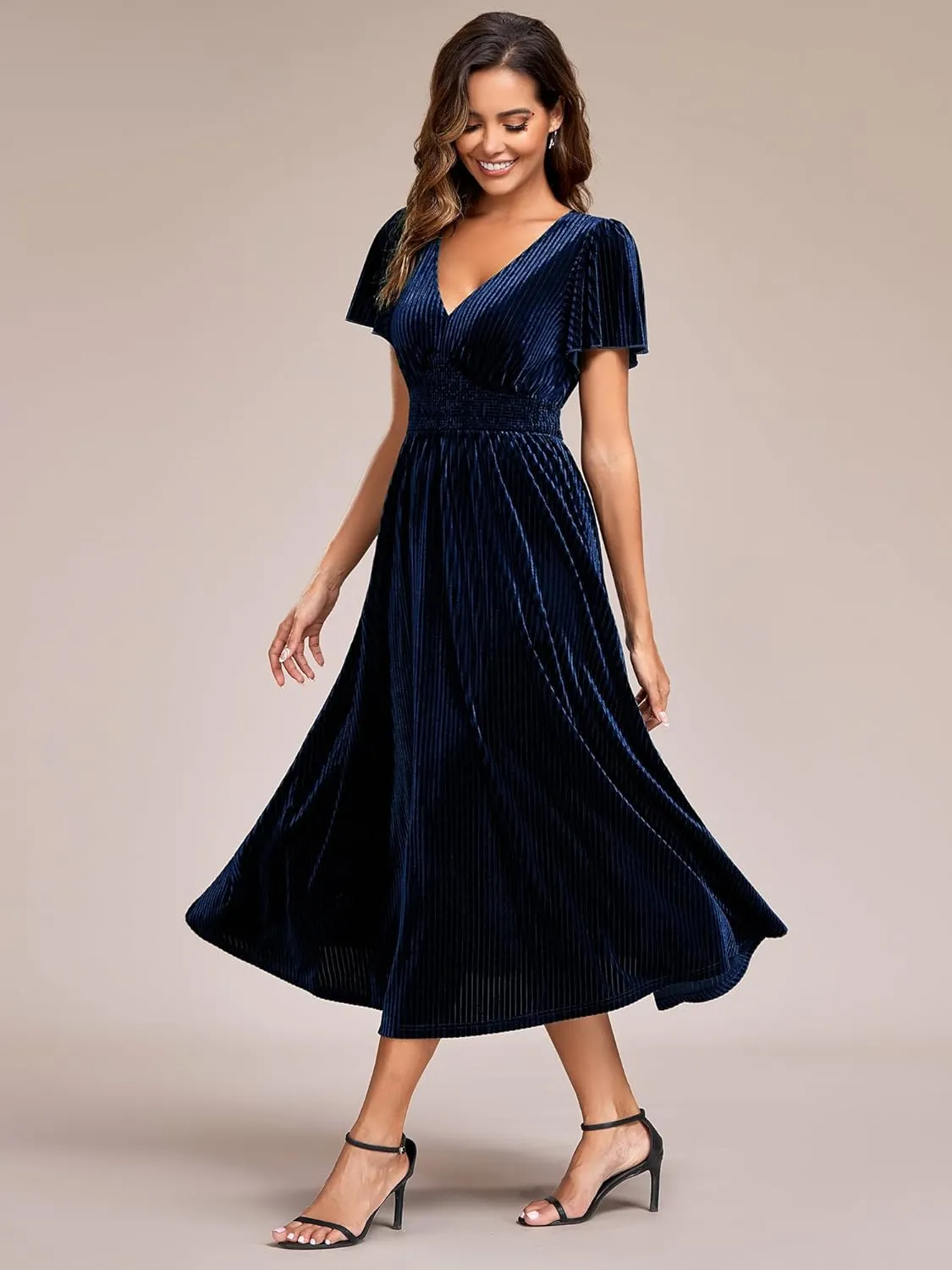 Ever-Pretty Women's V Neck A Line Velvet Midi Dress Flutter Sleeve Ruched Bridesmaid Cocktail Party Dress