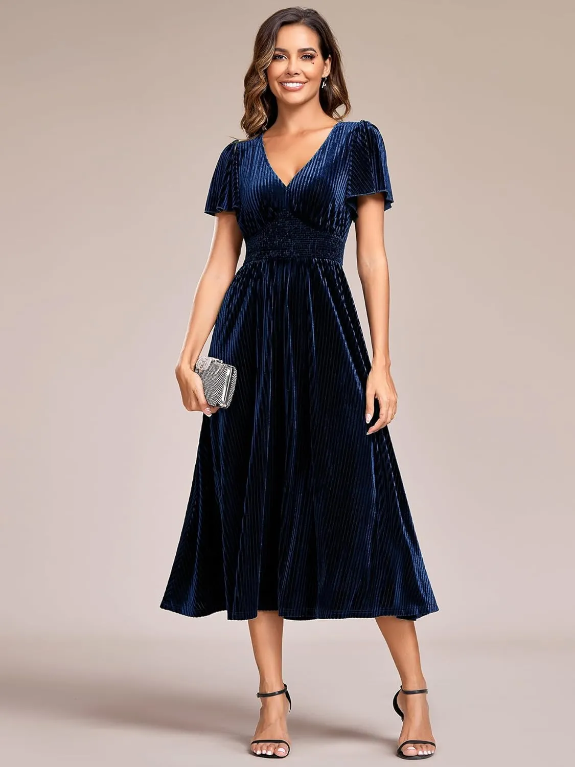 Ever-Pretty Women's V Neck A Line Velvet Midi Dress Flutter Sleeve Ruched Bridesmaid Cocktail Party Dress