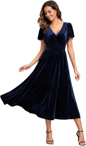 Ever-Pretty Women's V Neck A Line Velvet Midi Dress Flutter Sleeve Ruched Bridesmaid Cocktail Party Dress