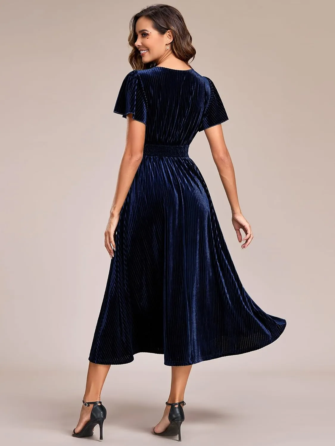 Ever-Pretty Women's V Neck A Line Velvet Midi Dress Flutter Sleeve Ruched Bridesmaid Cocktail Party Dress