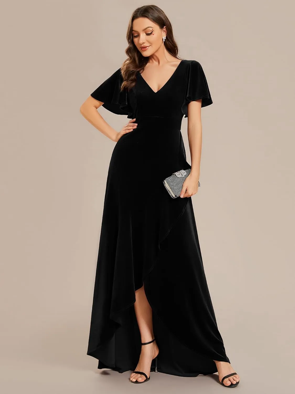 Ever-Pretty Women's Velvet Ruffle Sleeve V-Neck Wrap Waist Maxi Dress High Low Wedding Guest Dresses 02041