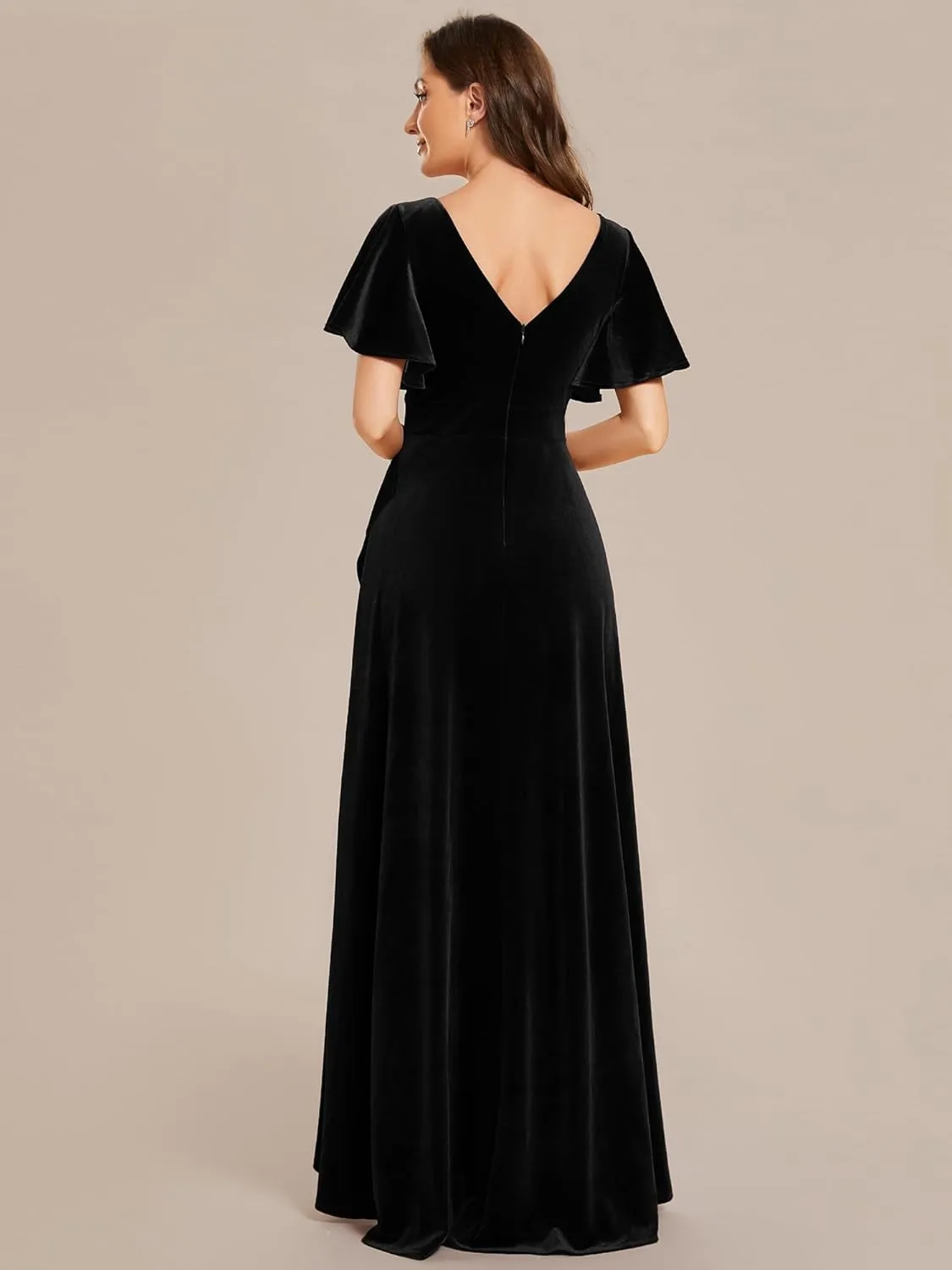 Ever-Pretty Women's Velvet Ruffle Sleeve V-Neck Wrap Waist Maxi Dress High Low Wedding Guest Dresses 02041