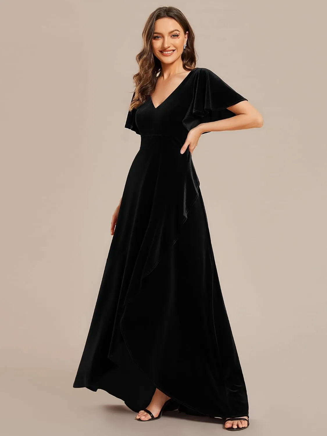 Ever-Pretty Women's Velvet Ruffle Sleeve V-Neck Wrap Waist Maxi Dress High Low Wedding Guest Dresses 02041