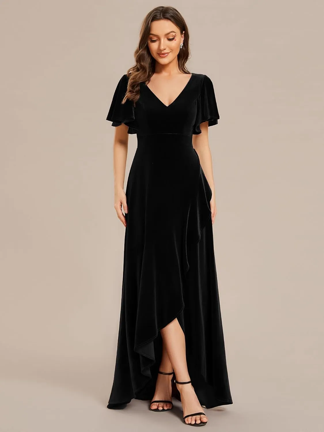 Ever-Pretty Women's Velvet Ruffle Sleeve V-Neck Wrap Waist Maxi Dress High Low Wedding Guest Dresses 02041