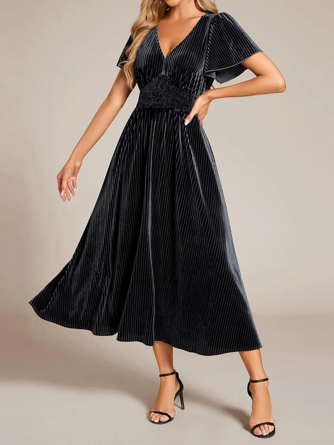 Ever-Pretty Women's Vintage Velvet Wedding Guest Dresses Elastic Waist A Line Short Sleeves Formal Dress