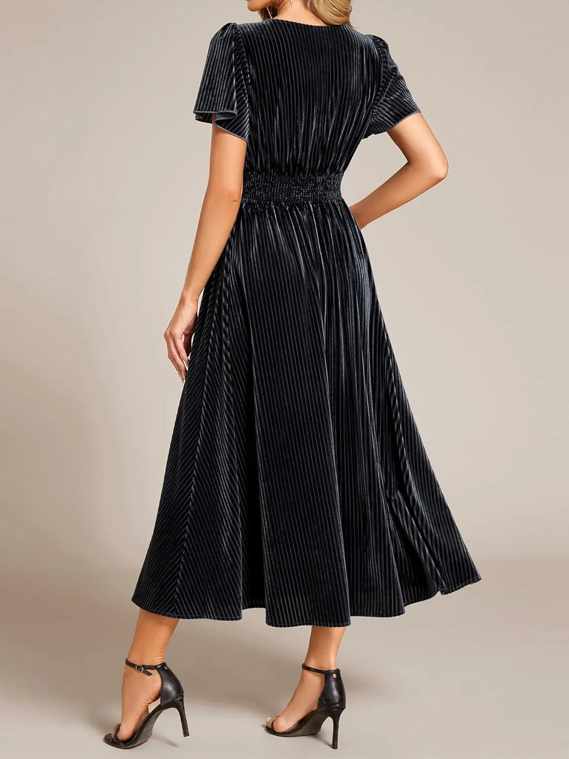Ever-Pretty Women's Vintage Velvet Wedding Guest Dresses Elastic Waist A Line Short Sleeves Formal Dress