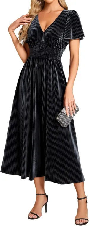 Ever-Pretty Women's Vintage Velvet Wedding Guest Dresses Elastic Waist A Line Short Sleeves Formal Dress