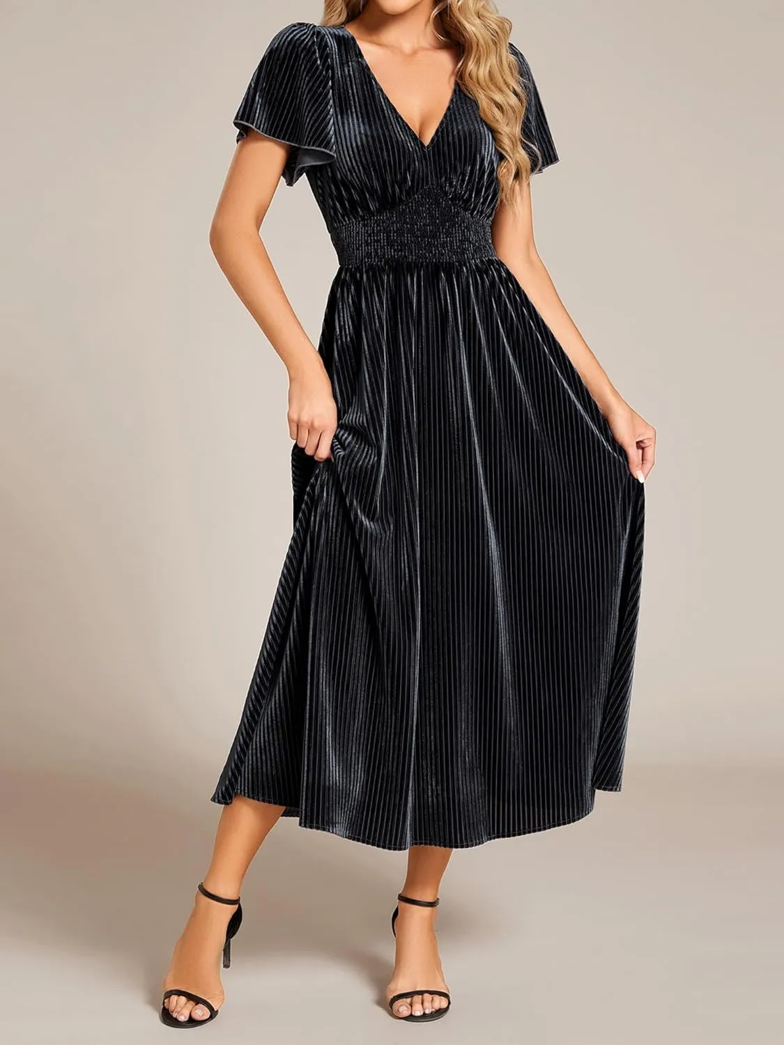 Ever-Pretty Women's Vintage Velvet Wedding Guest Dresses Elastic Waist A Line Short Sleeves Formal Dress