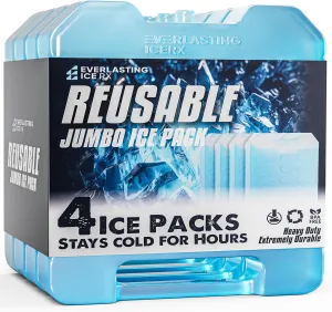 Everlasting Ice RX Large Reusable Ice Packs for Cooler with Handle (4 Pack) Long Lasting Coolness, BPA Free, Freezer Packs for Extended Cooling | Cooler Ice Packs for Camping, Fishing, Hiking, Beach