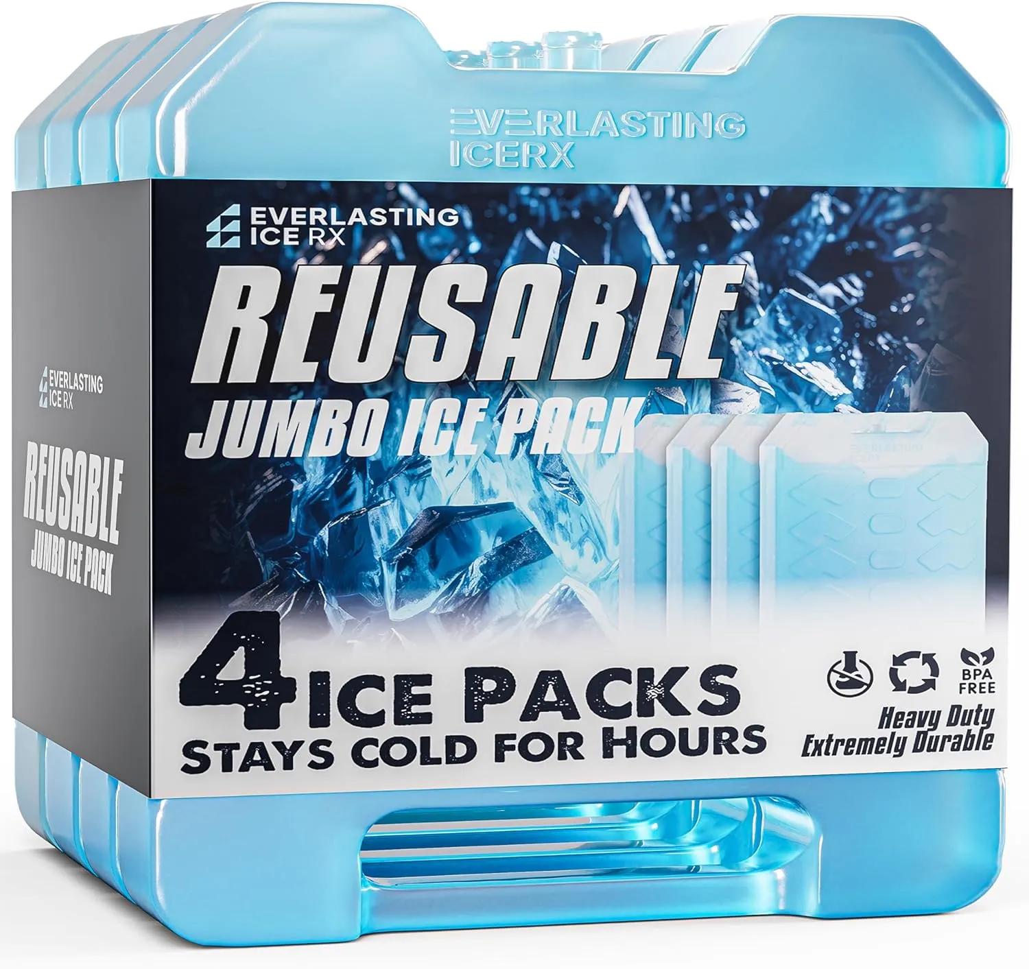 Everlasting Ice RX Large Reusable Ice Packs for Cooler with Handle (4 Pack) Long Lasting Coolness, BPA Free, Freezer Packs for Extended Cooling | Cooler Ice Packs for Camping, Fishing, Hiking, Beach
