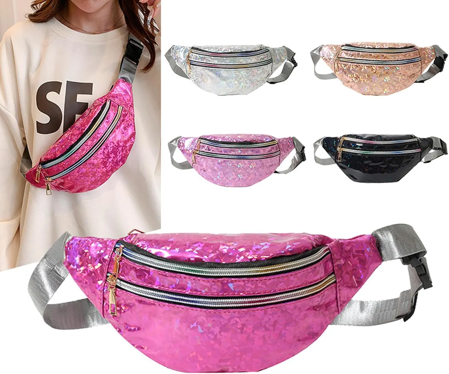 eYLun Women Holographic Fanny Pack Belt Bag Crossbody Bag Waist Bag Waterproof Waist Packs Bumbag Running Traveling Black