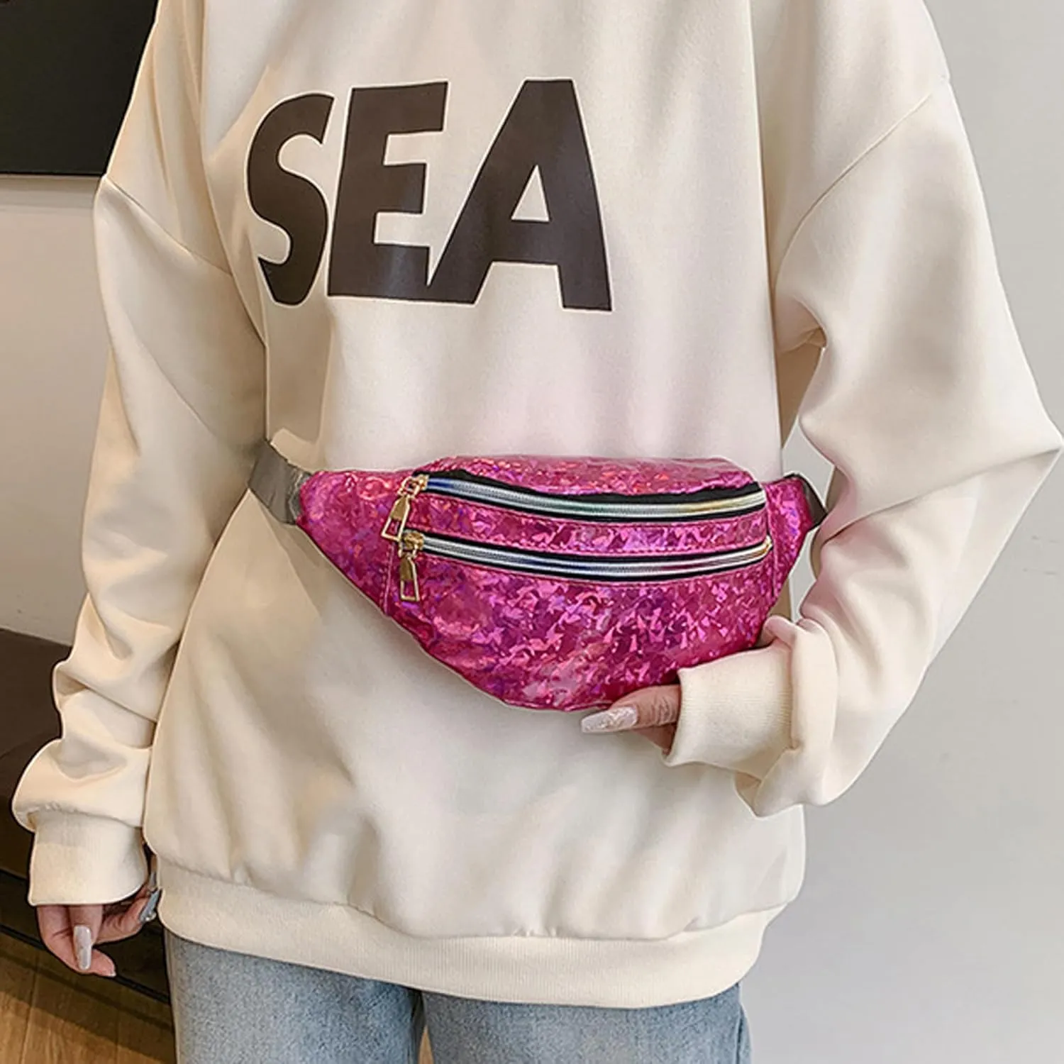 eYLun Women Holographic Fanny Pack Belt Bag Crossbody Bag Waist Bag Waterproof Waist Packs Bumbag Running Traveling Rose red