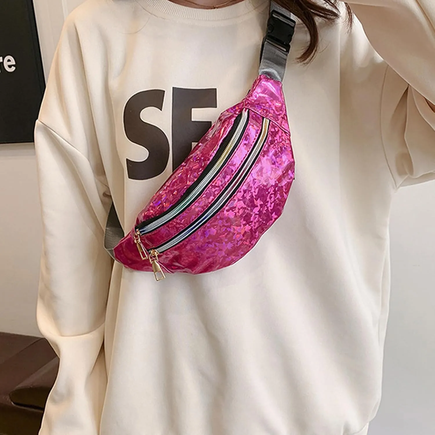 eYLun Women Holographic Fanny Pack Belt Bag Crossbody Bag Waist Bag Waterproof Waist Packs Bumbag Running Traveling Rose red