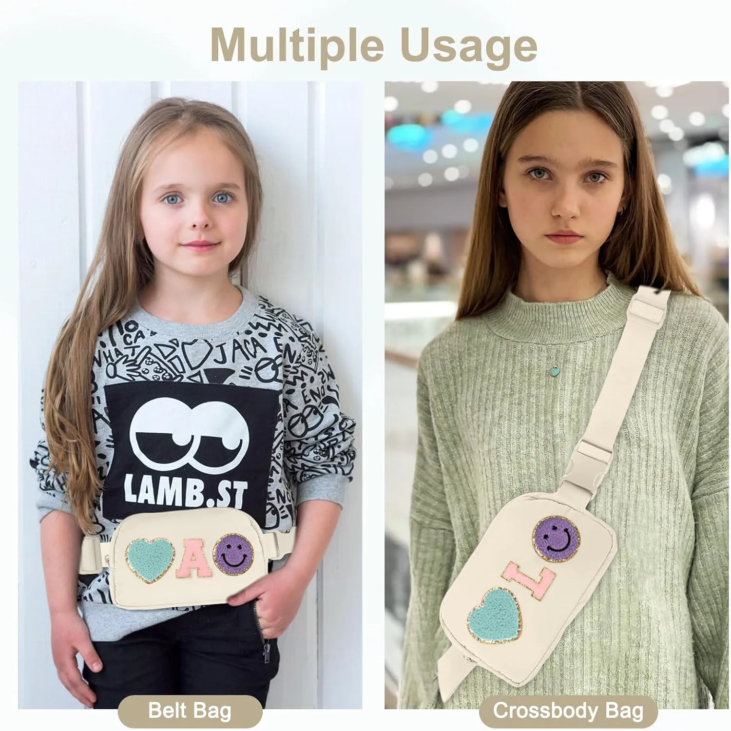Fanny Pack for Girls 4-14, Nylon Kids Crossbody Bag Belt Bag with Keychain, Cream (Cream L)