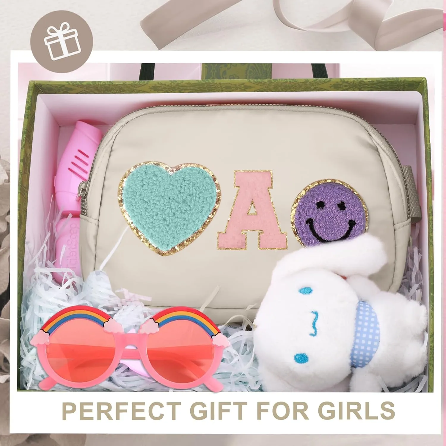 Fanny Pack for Girls 4-14, Nylon Kids Crossbody Bag Belt Bag with Keychain, Cream (Cream L)