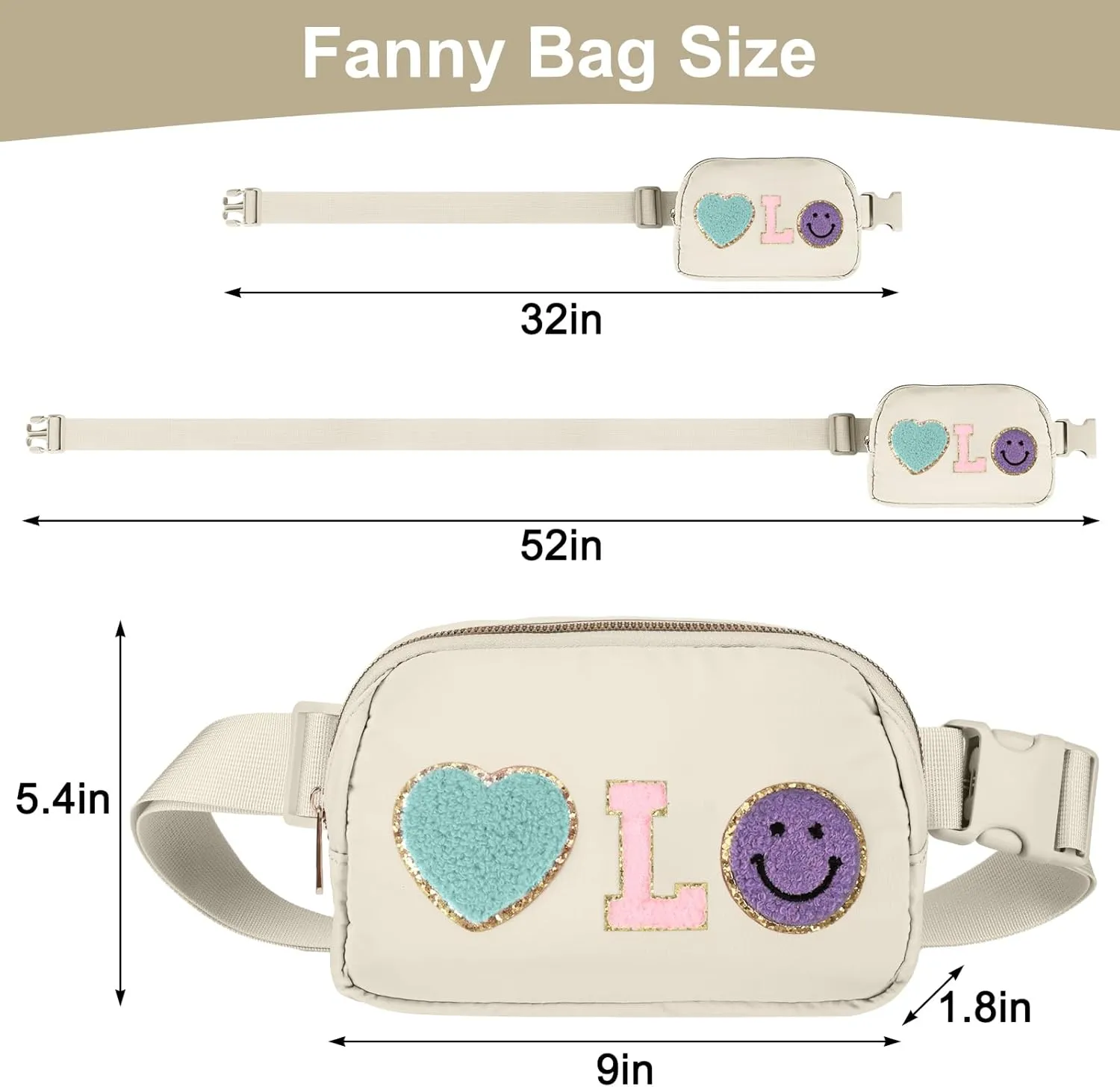 Fanny Pack for Girls 4-14, Nylon Kids Crossbody Bag Belt Bag with Keychain, Cream (Cream L)