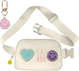 Fanny Pack for Girls 4-14, Nylon Kids Crossbody Bag Belt Bag with Keychain, Cream (Cream L)