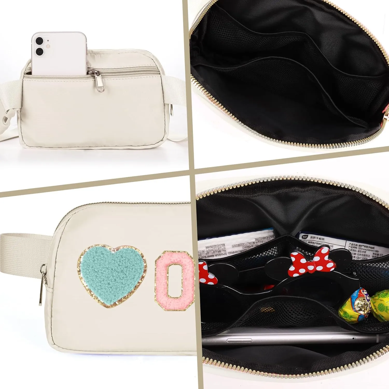 Fanny Pack for Girls 4-14, Nylon Kids Crossbody Bag Belt Bag with Keychain, Cream (Cream L)