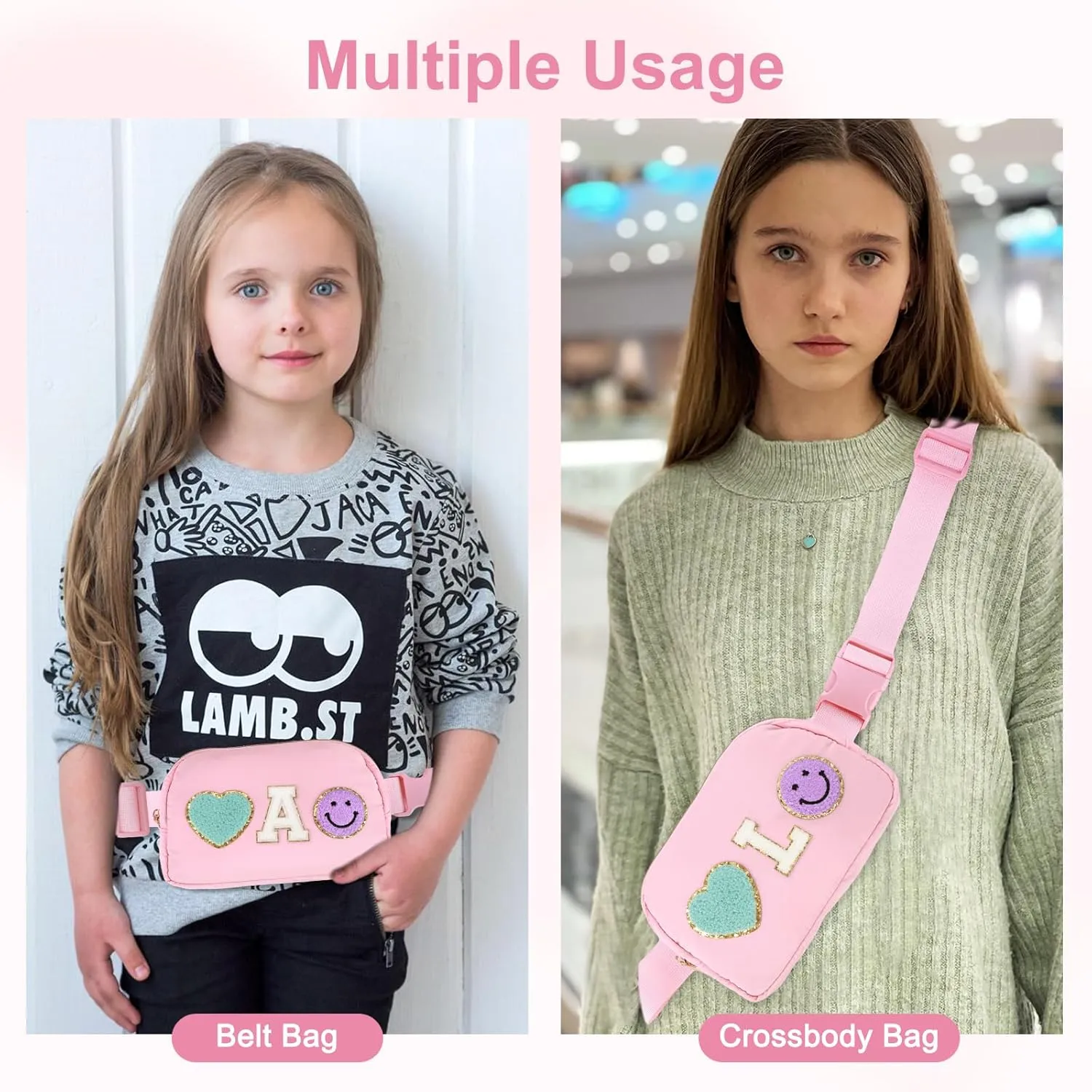 Fanny Pack for Girls 4-14, Nylon Kids Crossbody Bag Belt Bag with Keychain, Party Waist Bags for Kids Teens Girls, Personalized Gifts for Birthday Party Christmas, Pink P
