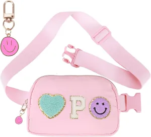 Fanny Pack for Girls 4-14, Nylon Kids Crossbody Bag Belt Bag with Keychain, Party Waist Bags for Kids Teens Girls, Personalized Gifts for Birthday Party Christmas, Pink P