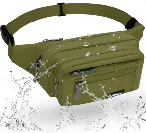 Fanny Pack for Men Women Waterproof Waist Pack Lightweight Belt Bag with 5-Zipper Pockets Crossbody Bag with Adjustable Strap for Sports Traveling Running Hiking (Army Green)