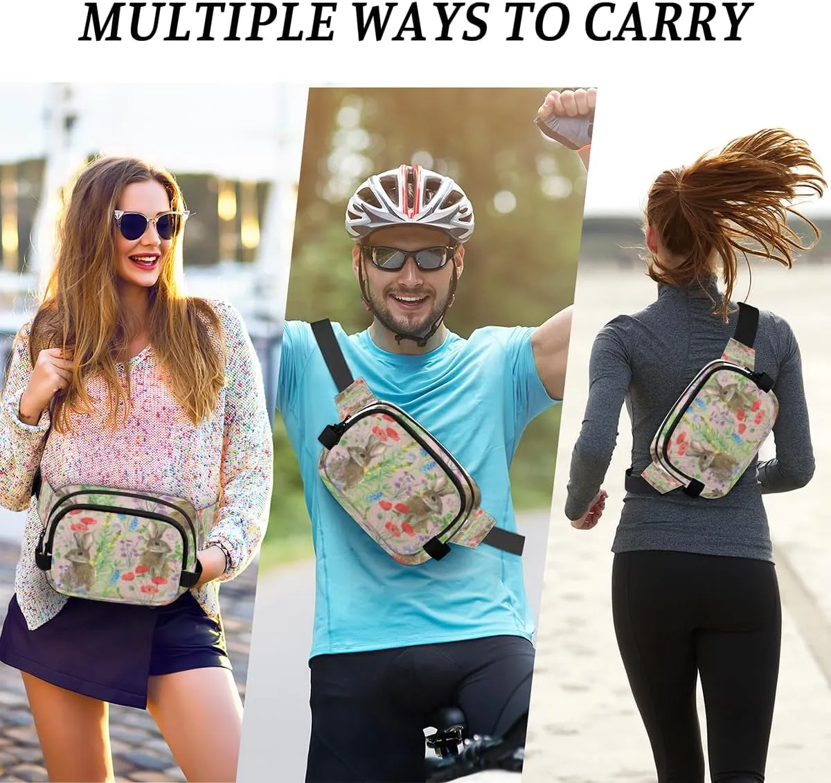 Fanny Pack for Women Men Cute Rabbit Crossbody Belt Bag with 3 Zipper Pockets Fashion Waterproof Waist Pack with Adjustable Strap for Travel Running Hiking Cycling