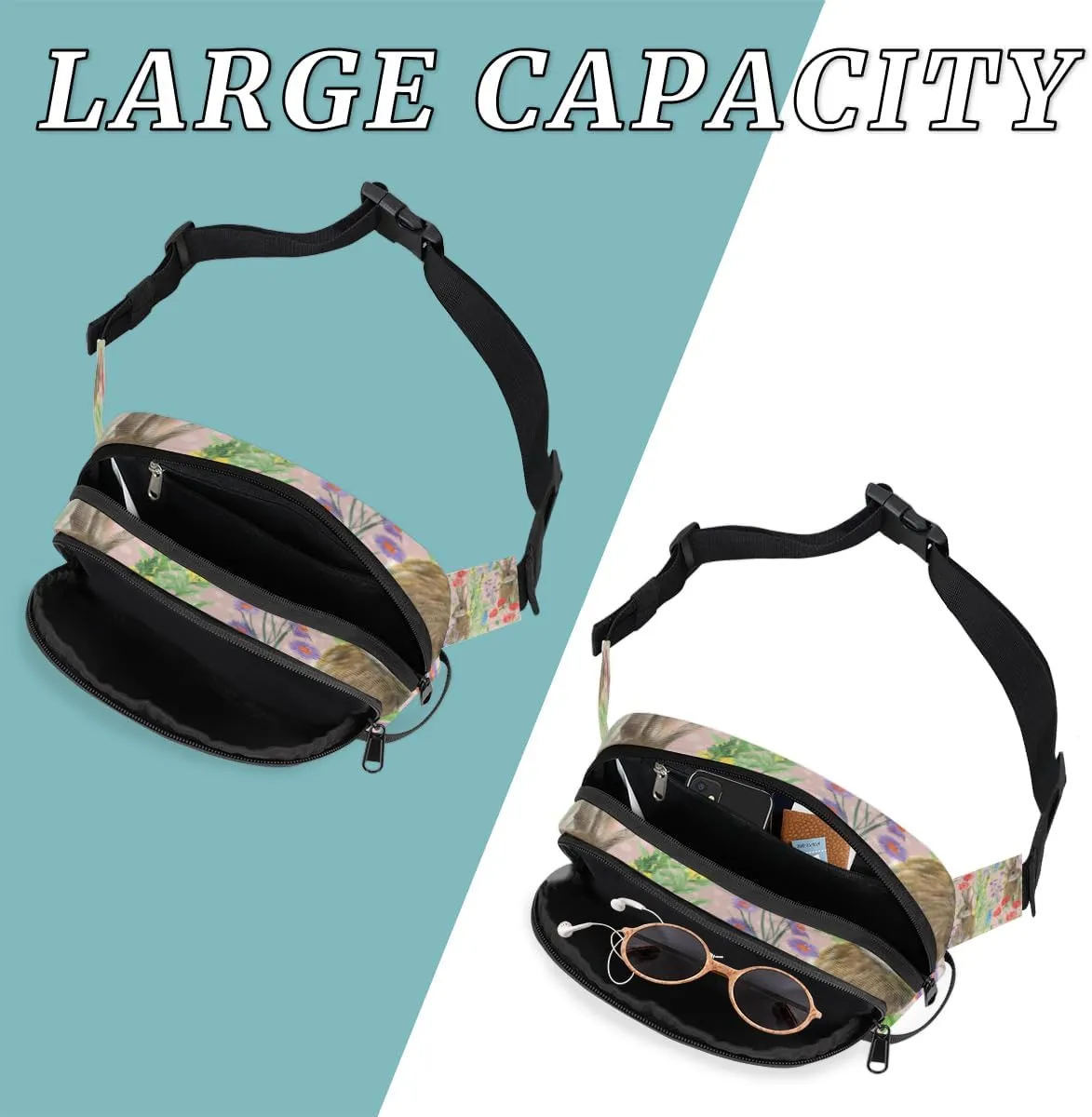 Fanny Pack for Women Men Cute Rabbit Crossbody Belt Bag with 3 Zipper Pockets Fashion Waterproof Waist Pack with Adjustable Strap for Travel Running Hiking Cycling