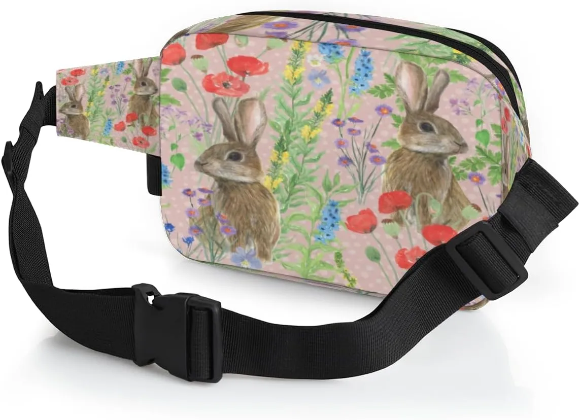 Fanny Pack for Women Men Cute Rabbit Crossbody Belt Bag with 3 Zipper Pockets Fashion Waterproof Waist Pack with Adjustable Strap for Travel Running Hiking Cycling