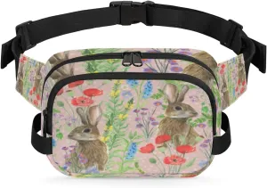 Fanny Pack for Women Men Cute Rabbit Crossbody Belt Bag with 3 Zipper Pockets Fashion Waterproof Waist Pack with Adjustable Strap for Travel Running Hiking Cycling